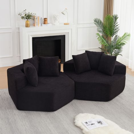 Canapé lounge hexagonal modulable en chenille avec coussins, mousse haute densité et ressorts, base antidérapante pour salon - noir (1/5)