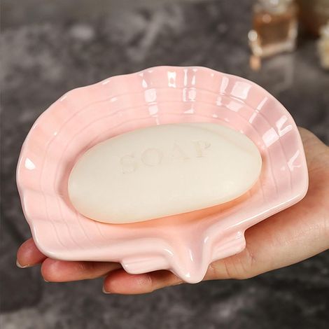 Porte-savon en céramique avec système d'évacuation automatique, joli porte-savon rose émaillé - Compact et élégant pour salle de bain, douche, lavabo, plan de travail