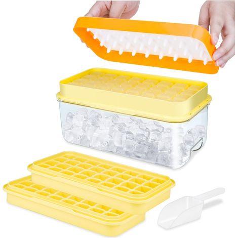 Eiswürfelform, lebensmittelechte Eiswürfelform mit Deckel, gibt alle Eiswürfel in einer Sekunde frei, BPA-frei, 64 Eiswürfelformen (gelbe Eiswürfelform mit Deckel)