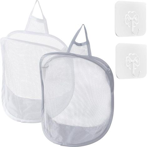 Lot de 2 petits sacs à linge pliables panier portable suspendre blanc gris (1/5)