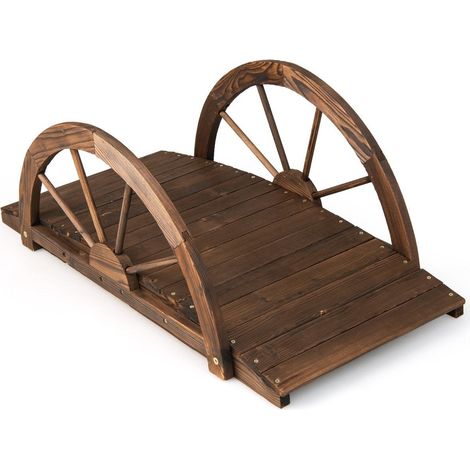Puente de jardín de madera para estanque con barandilla doble de media rueda 101 x 48,5 x 38 cm