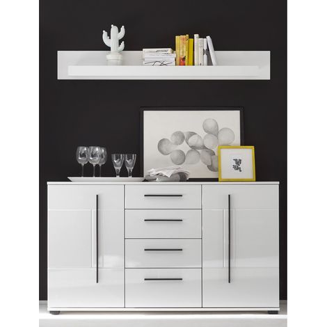Sideboard und Wandboard COLORADO-61 in weiß Hochglanz mit schwarzen Relinggriffen BxHxT: 150x156x42cm (1/5)
