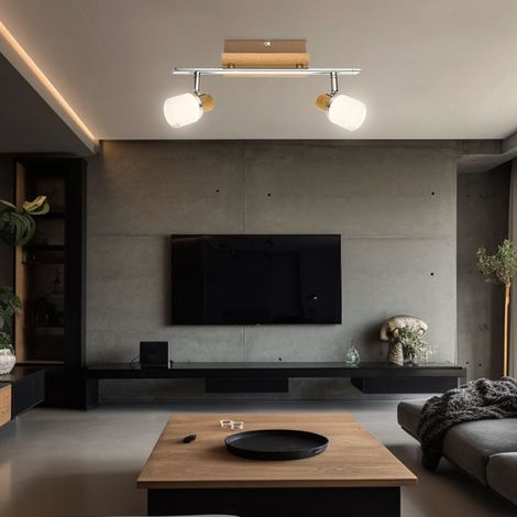 Faretto da soffitto 2 fiamme in legno plafoniera orientabile lampada da parete faretto LED, in cromo interruttore, 2x LED 5W 380Lm bianco caldo, L 35 cm
