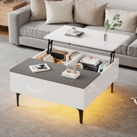 Mesa de centro 70x70x35cm tapa elevable hidraulica doble almacenaje cajon invisible MDF color blanco y gris LED RGB (1/4)