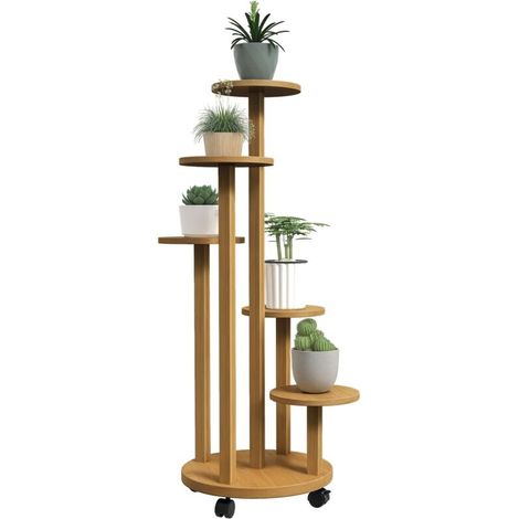 Étagère à plantes en bambou étagères rondes à fleurs support de pots de fleurs 5 niveaux bois naturel