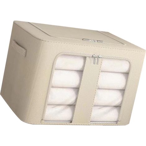 Boîte de rangement pliable et empilable en tissu Oxford, organisateur de placard, bac de rangement pour vêtements avec fenêtre transparente et poignée de transport, couleur crème et jaune. (1/5)