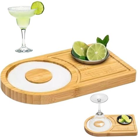 Givrier à cocktails en bambou sel et sucre, plateau à glaçage en verre de 9,5 x 5 pouces, convient aux verres larges jusqu'à 4,7 pouces, assaisonnement pour cocktails et boissons de fête. (1/4)