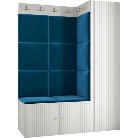 Meuble d'entrée Hartford 385, Blanc, 186x124x46cm, MDF, Stratifié, Tissu, Murale, À poser
