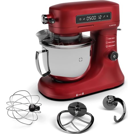 Klarstein Chiara Robot de cuisine multifonctions 1600 W, bol inox 5 L, 12 vitesses, écran tactile LCD, silencieux 72 dB, accessoires lavables, set de pâtisserie, boîtier en aluminium moulé, rouge