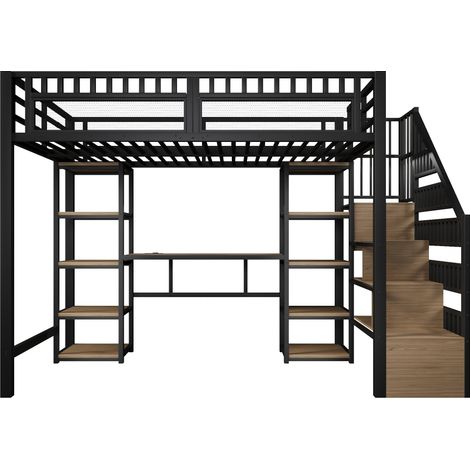 Cama alta 140 x 200 cm de metal y MDF negra con escritorio, estantes, LED y USB (1/5)