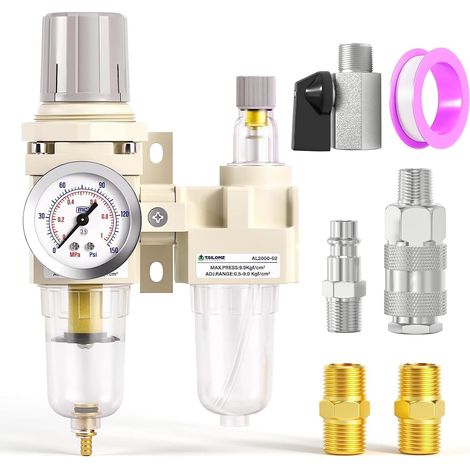 Filtre régulateur de pression pour filtre à air 1/4 » BSP, séparateur eau/huile, filtre pour compresseur d'air avec manomètre AC2010-02 (vidange manuelle) (1/5)
