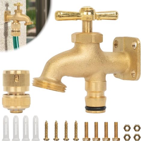 Grifo de manguera de latón macizo – Kit de grifo exterior con válvula de aleta, conector rápido de 1,2 cm, tornillos y tacos de pared – Grifo en cualquier lugar para un acceso cómodo al agua. (1/5)