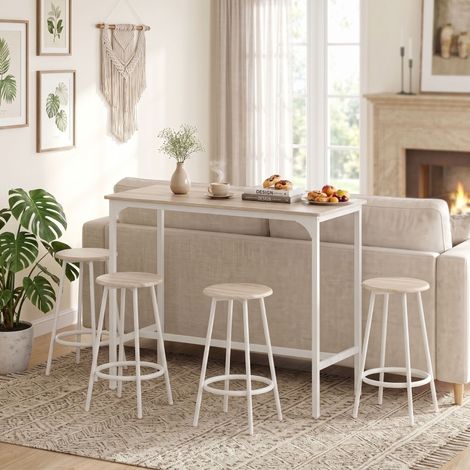 Bartisch-Set mit 4 Hockern, 5-teilig, Industrie-Stil, 110 x 50 x 89,5 cm, Eiche Weiß HAVRYA (1/4)