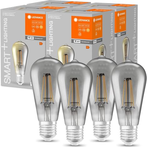 Ampoule LED intelligente avec Wifi, culot E27, gradable, blanc chaud (2500K), forme Edison, filament clair dans un verre fumé, rempl. des ampoules de 44W, paquet de 4 (1/5)