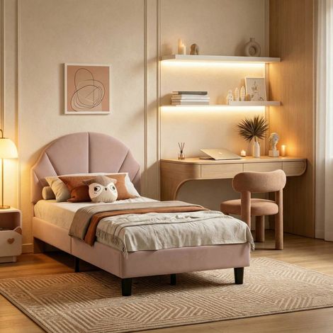 Letto per bambini 90x200 cm rosa in velluto, letto singolo con testiera regolabile, struttura in metallo, doghe rinforzate