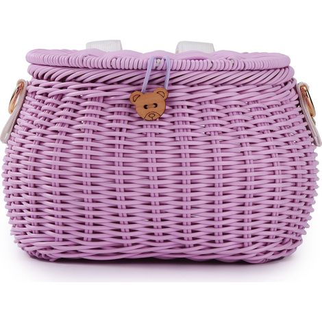 Panier de vélo pour enfants, panier de vélo pour enfants tissé à la main pour filles et garçons avec couvercle et bandoulière pour vélo d'équilibre amovible, violet