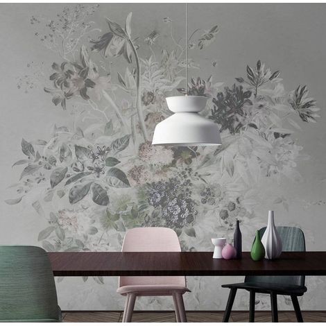 Papier peint panoramique floral gris clair | Tapisserie panoramique fleurie pour chambre adulte | Papier peint panoramique vintage pour cuisine & salon - 270 x 300 cm (3 pièces) (1/5)
