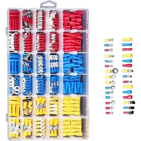 Sortiment mit 480 isolierten Kabelverbindern für elektrische Leitungen: Crimp-Kabelschuhe mit Gabel-, Ösen- und Ringenden. (1/5)
