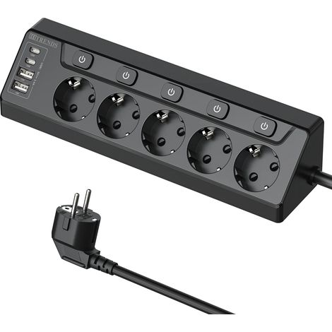 (Noir) Prise multifonction 9 en 1, 5 ports secteur + 2 ports USB + 2 ports Type-C, interrupteur indépendant (1/5)