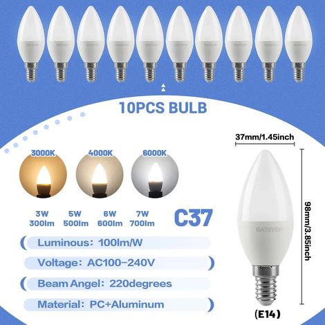 (10 ampoules, lumière blanche froide 6000K) Ampoules LED E14 de type bougie, suspensions décoratives, adaptées aux salons familiaux. (1/5)