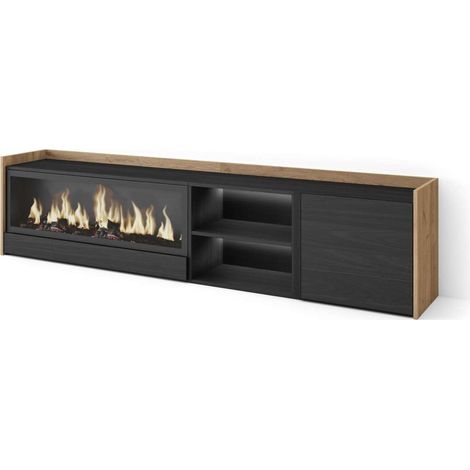 Mueble TV Nerja-01 de 212x50x35 cm con chimenea y luces LED, color negro y roble (1/4)
