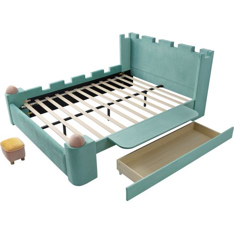 Cama infantil doble 140x200 cm de terciopelo azul verdoso con cajón y bandeja abatible (1/5)