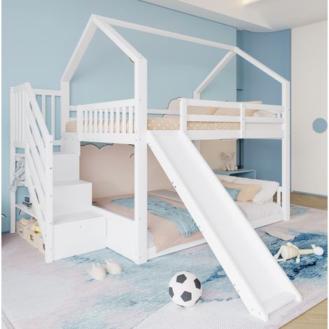 Lit superposé cabane en pin blanc 140x200 cm avec toboggan, escalier de rangement et barrières (1/5)