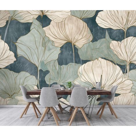 Papier peint panoramique feuilles de ginkgo bohème beige pour salon et chambre 416x254 cm (1/5)