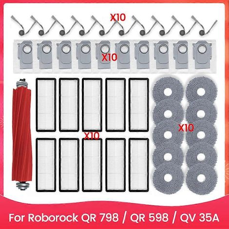 Pour aspirateur robot Roborock QR 798 / QR 598 / QV 35A : rouleau principal, brosse latérale, filtre HEPA, lingette de nettoyage et sacs à poussière (1/5)