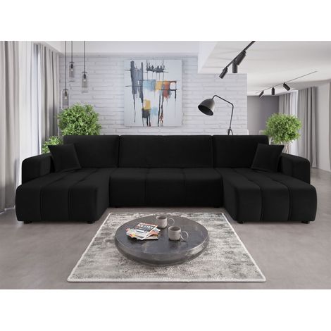 Wohnlandschaft mit Schlaffunktion DAGNY Sofa U-Form in Stoff Kronos Schwarz