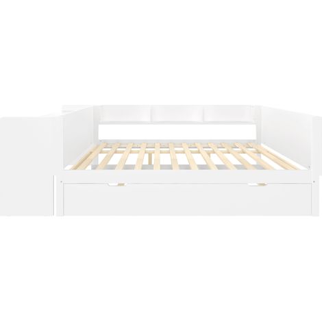 Lit double 140x200 cm avec bureau, lit gigogne et étagères, pin et panneau blanc (1/5)