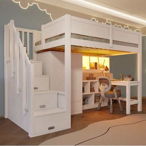 FLORAGRACE Letto a soppalco 90x200 cm in MDF bianco con scrivania, scaffale, armadio, scala contenitore e LED, per camera funzionale (1/5)
