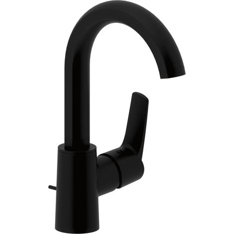 Waschtischarmatur Alpha 300 C Armatur mit gebogenem Aulsauf, druckfest + Ablaufgarnitur, schwarz matt (1/4)