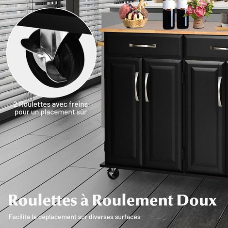 2 tiroirs + 2 placards, îlot de cuisine sur roulettes, plan de travail 122 x 48 cm, rangement avec roues verrouillables (1/5)
