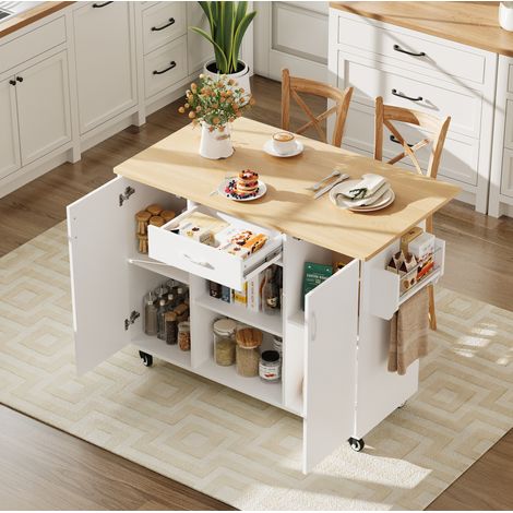 Isola da cucina 120x43.5x92.9 cm bianco e rovere in MDF con piano ribaltabile e ruote (1/5)