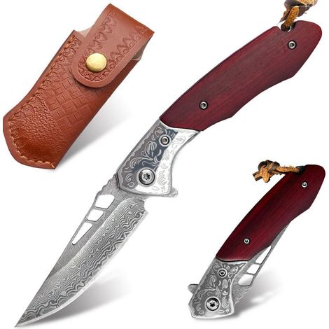 Damast Taschenmesser 67 Lagen VG10 Stahl mit Rosenholzgriff & Ledertasche