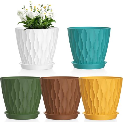 Set di 5 fioriere da 15 cm, in plastica con fori di drenaggio e vassoio per piccole piante grasse, multicolore.