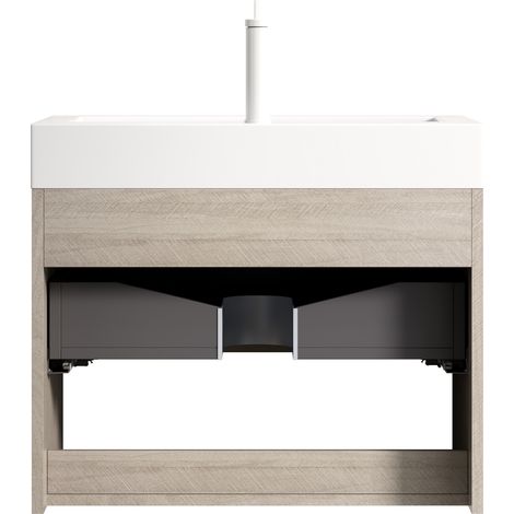 Mueble de baño suspendido 70 cm con lavabo integrado de resina blanca y cajón roble claro (1/5)