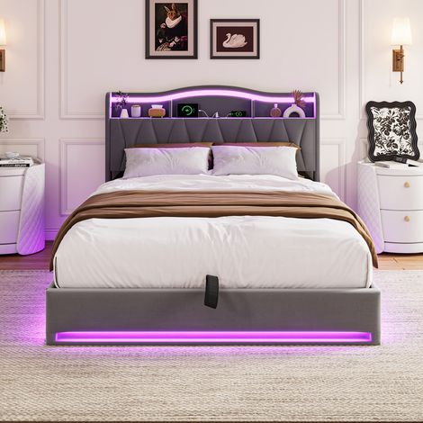 Cama Doble de 160 x 200 cm – Cama para adultos – Cama con almacenamiento – Iluminación LED RGB – Puerto USB Tipo-C – Terciopelo Gris (1/5)