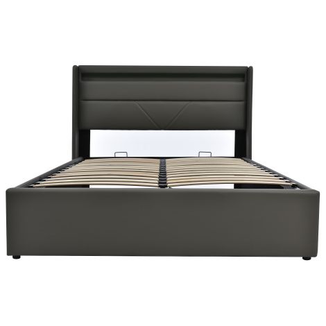 Cadre de lit double rembourré avec coffre hydraulique et éclairage LED (160 x 200 cm), lit fonctionnel, gris (matelas inclus) (1/5)