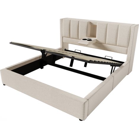 Cama canapé tapizada 140x200 cm con colchón, USB-C y portavasos ocultos, beige HOMVRA (1/5)