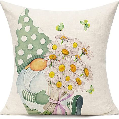 Housse de coussin décorative extérieure jaune, lot de 4 taies pour canapé, chaise et fauteuil, motif marguerites et gnomes, décoration printemps-été pour terrasse et salon (1/4)