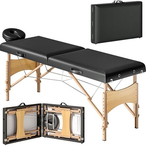 Table de massage pliante 2 zones réglable en hauteur 70 cm largeur avec appui-tête et pieds en bois, noir (1/5)