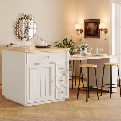 Isola da cucina 120-184x70x94 cm bianca in MDF con piano allungabile, cassetti e ruote (1/5)