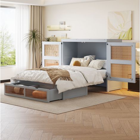 Cama abatible vertical 140x200 cm gris de madera con puertas de ratán y cajones de almacenaje (1/5)