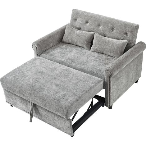 Sofá Cama Convertible 2 Plazas en Chenilla, Respaldo Inclinable 3 Posiciones, Cama Auxiliar con 2 Cojines, Gris (1/5)