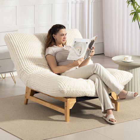Poltrona sacco da interno in velluto a coste bianco, lounge chair ergonomica con schienale,100x120x76 cm (1/5)