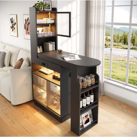 MODFU – Table bar extensible 131-170 cm MDF – Plateau coulissant et LED Bluetooth – USB/USB-C et rangements – Noir (1/5)