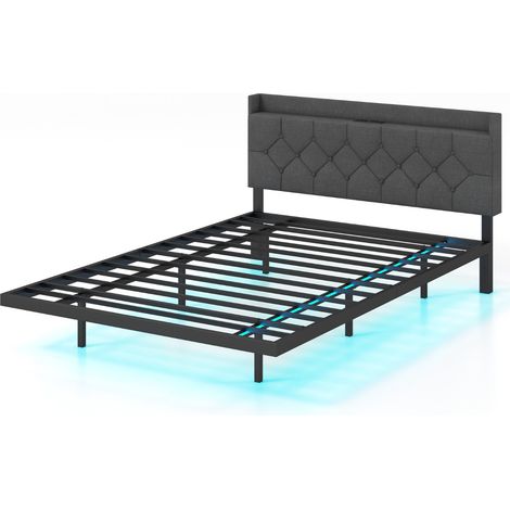 Letto galleggiante con luci LED testiera imbottita regolabile e stazione di ricarica, Base per materasso Grigio 208x144x87cm (1/5)