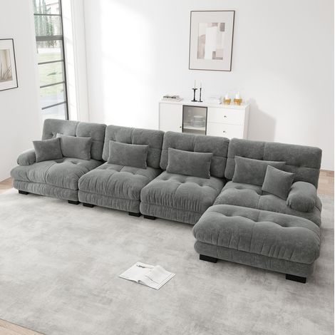 Sofá modular esquinero gris de chenilla con otomana móvil, 4 plazas, diseño configurable (1/5)
